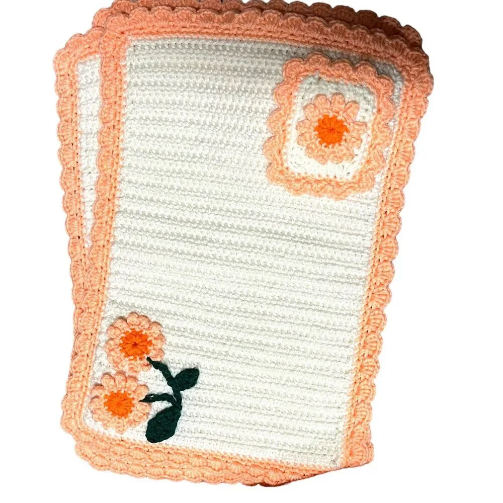 Placemats Crochet Set Of 6 Vintage Orange White Retro 18 X 12 Country Kitsch